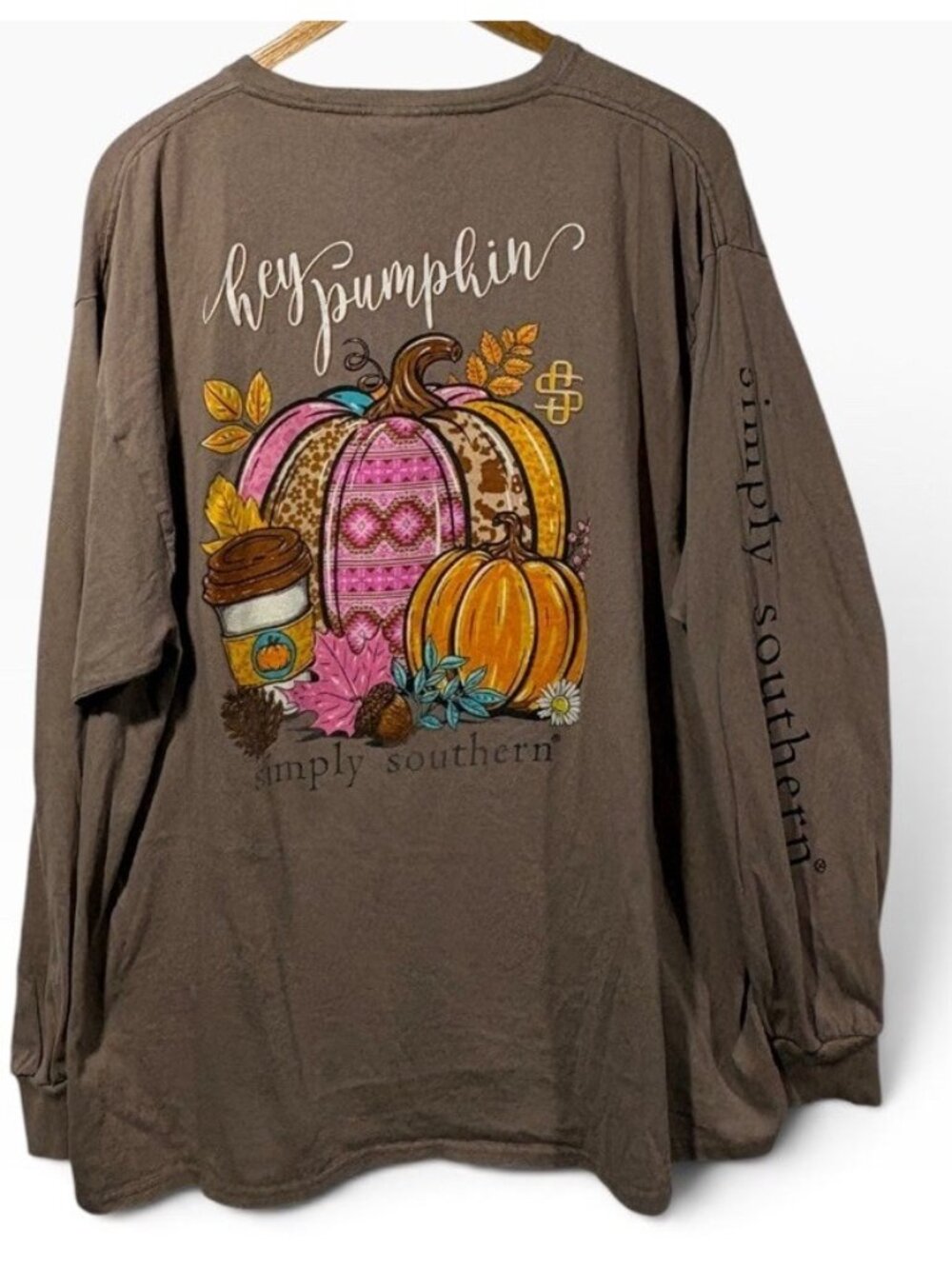 Simply Southern Womens Sz XXL Long Sleeve T-Shirt Brown Hey Pumpkin Fall Coffee